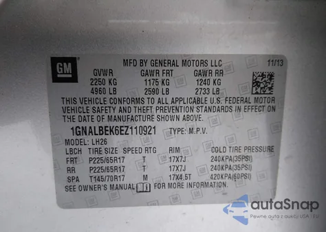 2014 Chevrolet Equinox 1Lt из США, поврежденный, VIN 1GNALBEK6EZ110921